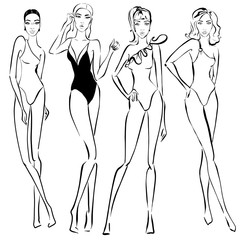 sexy woman in bikini swimsuit. summer beach fashion. Beautiful girls in bathing suits of different types. sketch