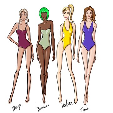 sexy woman in bikini swimsuit. summer beach fashion. Beautiful girls in bathing suits of different types. sketch