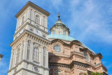 Sanctuary of Vicoforte church and bell tower in a sunny summer day in Piedmont, Italy