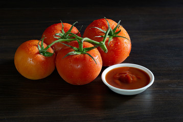 Fresh tomato and ketchup in white bowl on dim light background