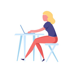 Modern blonde hair woman working on laptop at kitchen table