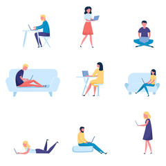Set of different modern people working at laptop, computer