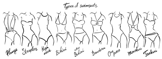 set of female swimsuit illustration. Various types of women beach clothes. Fashion sketch.