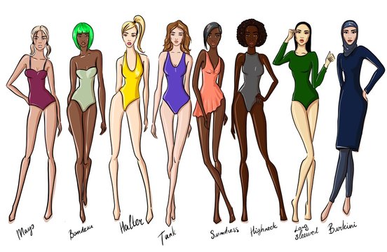 Types of women's swimwear on the figure. Illustration of a one