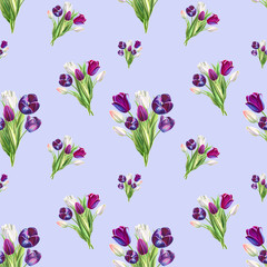 Seamless  pattern from black and white tulips. Floral collection. Marker drawing. Watercolor painting. Flower composition of design elements. Greeting card. Painted background. Hand drawn illustration