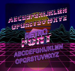 Retro Font. Retro futuristic set of fonts 1980s style. Retro Wave music script template with shiny colors, lazers. Can be used on flyers, banners, web, or any projects. Vector illustration, EPS 10.