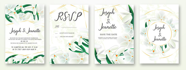 Shiny white Marble Invite Template Wedding Cards. RSVP, Save The Date, Retro Beautiful Marble Design With Gold Marble Ornament Frame Pattern. Vector Illustration. EPS 10.