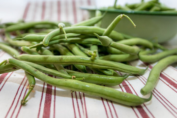 Freshly picked organic green beans in a vintage enamel bowl on a red stripe linen kitchen cloth
