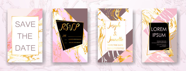 Pink and Gold Marble Invite Template Wedding Cards. RSVP, Save The Date, Retro Beautiful Pink Marble Wedding Design With Gold Marble Ornament Frame Pattern. Vector Wedding Illustration. EPS 10.