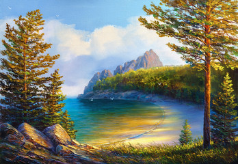 Morning on sea, wild beach, illustration, Oil painting paints on a canvas.