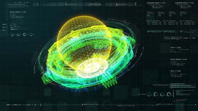 Advance motion graphic futuristic user interface head up display screen with Holographic electromagnetic engine with gravitational fields energy particles wave and digital data telemetry information