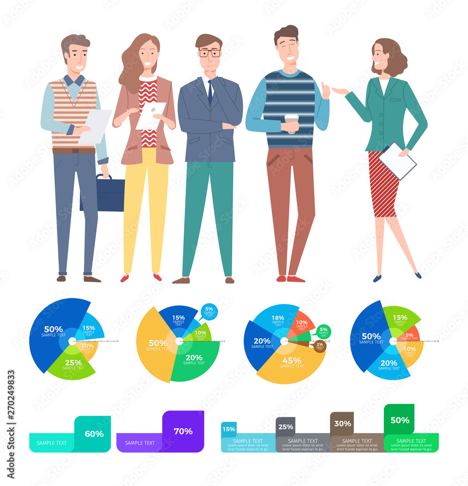 Poster reports in visual info vector, representation visualization man and woman business project discussio