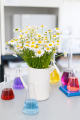 Chemical laboratory flask with blue purple-pink liquid stand on the table