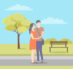 Male and female characters in flat style walking in summer or spring park, bench and trees. Vector guy with bag over shoulder and brunette girl in red dress