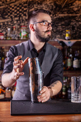 Barman`s hands holding a professional shaker against the blurred indoors background of the bar counter
