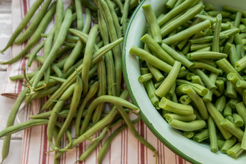Freshly picked organic green beans in a vintage enamel bowl on a red stripe linen kitchen cloth