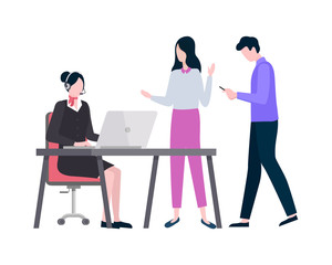 Clients and woman working on laptop vector, man and woman talking to agent wearing headset and looking at screen of computer monitor, male with phone