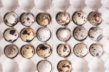 Quail eggs in cardboard packaging..Vegetarian organic food. Eco products.