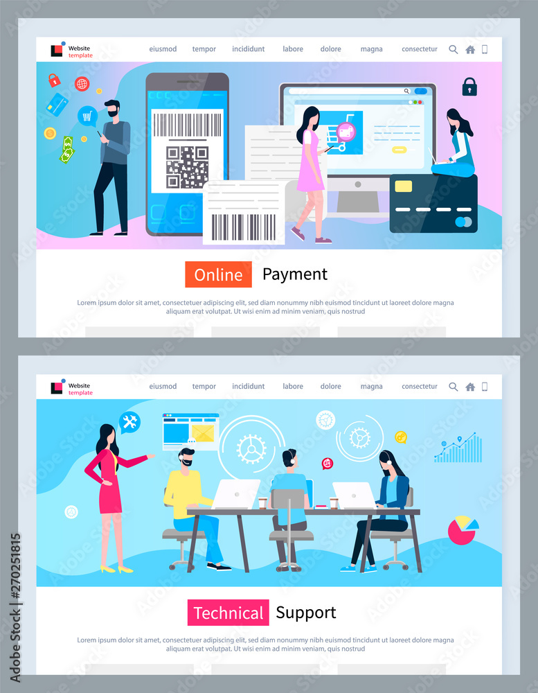 Aufkleber technical support vector, people wearing headsets helping clients to solve problems. online payment 