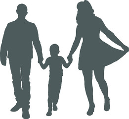 The silhouette of a family in motion. Dad, mom and son are coming. Husband, wife and child holding hands. A boy between parents. A man in a classic suit, a woman in a dress.