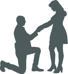The silhouette of lovers - a bald man is on one knee, making an offer to a woman. The girl stands in front of her boyfriend and they hold hands. A girl in a dress, a man in a suit.
