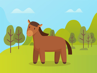 Naklejka premium Horse standing on grass neat trees, wildlife and landscape, cloudy sky. Portrait view of brown animal with mane and tail in park or forest, nature vector