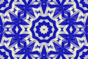 Geometrical pattern kaleidoscope in blue and white color. Graphic design drawing illustration. Print for fashion, fabric, wallpaper, wrapping, packaging. Modern style background.