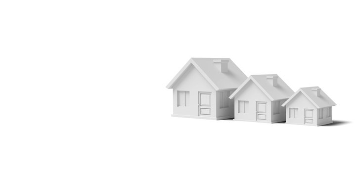 Three White empty houses on a yellow background abstract image. Minimal concept building business. 3D render.
