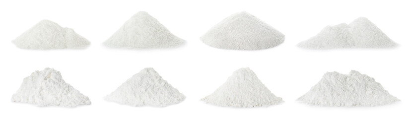 Set with piles of protein powder on white background