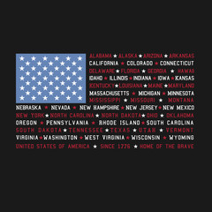 4th of July Fourth Independence Day Patriotic American USA Flag with 50 States listed in place of red and white stripes with stars holiday