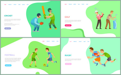 Cricket and golf, football and rugby people playing different kinds of sport, leading healthy lifestyle. Boys with bats and equipment for games. Website or webpage template, landing page flat style