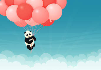 Baby giant panda flying red and pink balloons in the sky with clouds. Black and white chinese bear cub. Rare, vulnerable species. Greeting card, poster, background design template. © Tatiana Zhzhenova