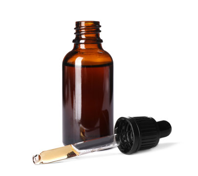 Cosmetic bottle and pipette with essential oil on white background - Powered by Adobe