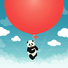 Baby giant panda flying big red balloon in the sky with clouds. Black and white chinese bear cub. Rare, vulnerable species. Greeting card, poster design template.