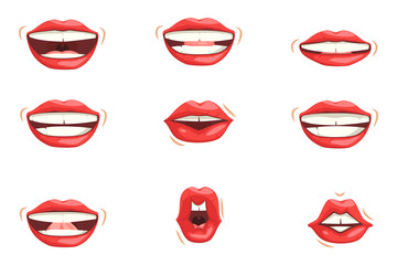 Set of red female lips. Various expressions of emotions, a collection of gestures. Female lips express different emotions.