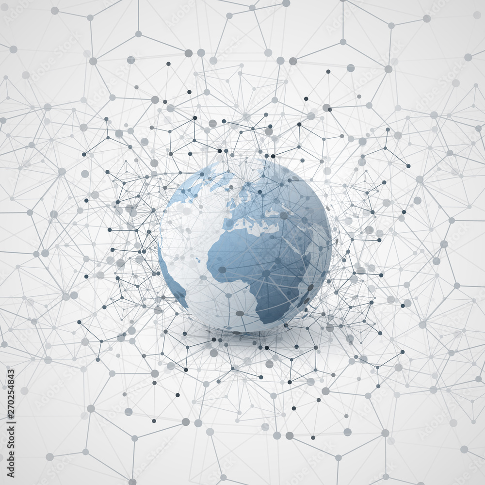 Poster cloud computing and global networks concept design with earth globe and geometric network mesh