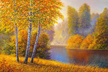 Oil painting landscape - colorful autumn forest - obrazy, fototapety, plakaty