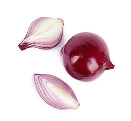Fresh whole and cut red onions on white background, top view