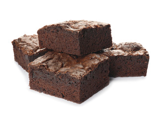 Pieces of fresh brownie on white background. Delicious chocolate pie