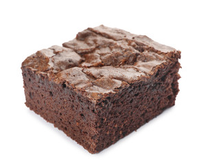 Fototapeta na wymiar Piece of fresh brownie on white background. Delicious chocolate pie