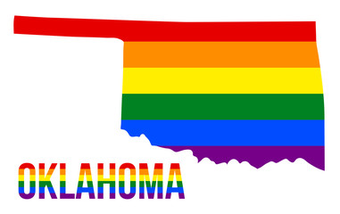 Obraz premium Oklahoma State Map in LGBT Rainbow Flag Comprised Six Stripes With Oklahoma LGBT Text