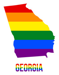 Obraz premium Georgia State Map in LGBT Rainbow Flag Comprised Six Stripes With Georgia LGBT Text