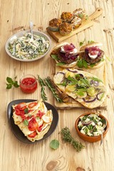 Appetizer with cheese - pancakes, pasta, pizza, burgers, marinated cheese