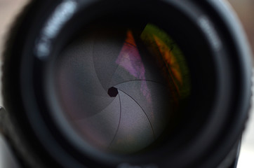 Fragment of a portrait lens for a modern SLR camera. A photograph of a wide-aperture lens with a focal length of 50mm