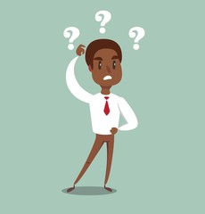 Vector illustration of a clueless cartoon black african american businessman with three question marks above his head.