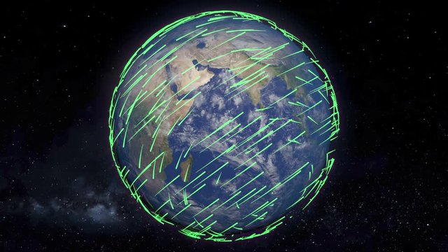 3D Glowing neon lines moving around the Earth planet.  The concept of telecommunications, web, networking or wifi spreading around a world.