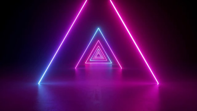 abstract neon background, flying forward through triangular corridor, tunnel, appearing glowing pink blue shapes, ultraviolet spectrum - Powered by Adobe