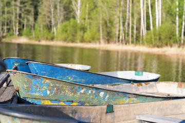 old rowing boats moored on the shore against the green forest.