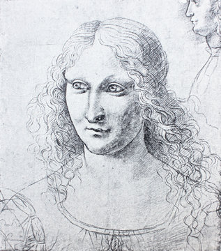 The sketch of young woman by Leonardo da Vinci in the vintage book Leonardo da Vinci by A.L. Volynskiy, St. Petersburg, 1899