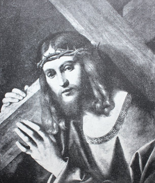 Christ with a cross. School of Leonardo da Vinci in the vintage book Leonardo da Vinci by A.L. Volynskiy, St. Petersburg, 1899